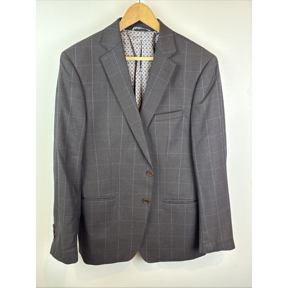 Tallia Mens 100% Wool Sport Coat Blazer Jacket Two Button Brown 44R Windowpane